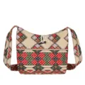 Ethnic style woven canvas shoulder cross-body bag with geometric patterns and horn button. - Pattern 7