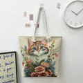 Canvas shopper tas met schattige kat en bloemen borduurwerk, grote schoudertas voor vrouwen. - Bloemen Kat Patroon GG