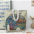 Borsa tote in tela ricamata con elefante etnico e tracolla in corda spessa moda - Elefante Totem