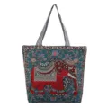 Sac cabas en toile de style ethnique sud-asiatique avec motif éléphant, sac d'épaule décontracté. - Grand Éléphant de Lotus Bleu Gris