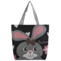 Borsa tote in tela borsa a tracolla casual simpatico motivo coniglietto grande capacità - Nero Coniglio Orecchie Grandi