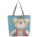 Borsa tote in tela con ricamo orsetto cartoon, variante di borsa a spalla casual e pratica. - Blu Chiaro Orso Grasso