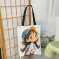 Witte canvas shopper met schattige cartoonmeisje print, casual grote schoudertas. - Patroonstijl 1