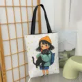 Canvas shopper tas met schattige cartoon meisje en zwarte kat print, vrijetijd tas. - Patroonstijl 2