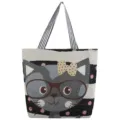 Graziosa borsa shopper in tela con gatto dei cartoni animati per donna, borsa da studente. - Bianco Sporco Gatto con Occhiali