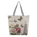 Vintage tapestry canvas shoulder bag with rose butterfly print and striped straps daily use - Butterfly Rose