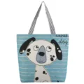 Borsa shopper in tela con simpatico cane cartoon, grande borsa a spalla casual per donne. - Blu Chiaro Dalmata