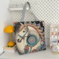 Etnische stijl paard wandtapijt canvas tote bag casual dagelijkse schoudertas winkelmandje. - Stijl 2