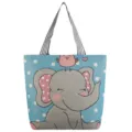 Borsa tote in tela con simpatico elefante dei cartoni, grande borsa a tracolla casual per ragazze. - Blu Chiaro Elefante Uccello