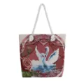 Stijlvolle shopper van jacquardstof met zwaan- en rozenmotief en witte katoenen handvatten. - Gouden Jacquard Twee Zwanen