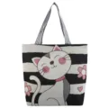 Borsa shopper in tela con stampa di gatto cartoon, spallacci a righe bianco e nero, capiente. - Nero Bianco Gatto a Righe