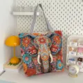 Sac cabas en toile style ethnique avec motif éléphant et poignées rayées pour femmes quotidien - Style 4