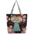 Borsa shopper in tela con stampa di scimmia, borsa a tracolla casual di grande capacità per donne. - Nero Scimmia con Occhiali