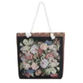 Sac cabas vintage à fleurs jacquard fourre-tout décontracté femme poignées corde coton - Jacquard Doré Pivoine Multicolore