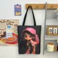 Schwarze Canvas Tragetasche süßes Cartoon Mädchen Druck große Kapazität Studententasche - Muster-Stil 5