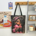 Stylish canvas tote shoulder bag with cartoon black girl print, large capacity student bag. - Pattern Style 4
