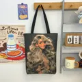 Canvas tote bag with blonde woman illustration, casual shoulder shopping bag for daily use - Pattern Style 3