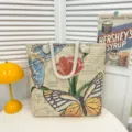 Canvas shopper tas met vlinder borduurwerk, casual schoudertas voor dagelijks gebruik - Stijl 6