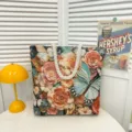 Vintage bloem vlinder geweven tote bag met touw handvatten, ruime casual schoudertas. - Stijl 4