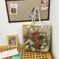Vintage bloemen canvas shopper tas, grote capaciteit schoudertas met dikke touw handvat. - Meerkleurig Brokaat Dubbelzijdig Roos
