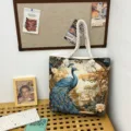 Vintage pauw wandtapijt shopper tas met dikke touw handvatten, grote schoudertas - Meerkleurig Brokaat Dubbelzijdig Pauw Landschap