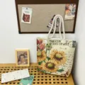 Bolso tote de lona con girasol vintage gran capacidad bolso de hombro tejido estilo retro - Multicolor Brocado Doble Cara Girasol