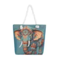 Etnische Olifant Canvas Shopper Tas Casual Grote Capaciteit Schoudertas Blauw - Meerkleurige Blauwe Olifant