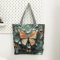 Grote canvas tote tas met een prachtig geborduurd vlinder- en bloemenpatroon ontwerp. - 3D-reliëf Blauwe Vlinder