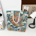 Modische Segeltuchtasche mit buntem besticktem Fischdesign und dicken Seilgriffen für den Alltag. - Stil 1