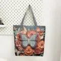 Etnische stijl canvas shopper met geborduurde vlinder en bloemenprint, grote casual tas. - 3D-reliëf Roze Vlinder