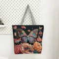 Etnische Vlinder Geborduurd Canvas Tote Bag Casual Grote Capaciteit Handtas Zwart - Zwarte Basis Vlinder Pioenroos