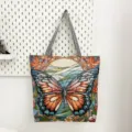 Vintage geweven tote bag met vlinder- en landschapsontwerp, casual schoudertas voor dames. - Kleurrijke Venster Vlinder