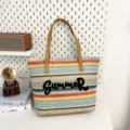 Zomer kleurrijke gestreepte stro shopper tas met bruine bandjes en borduurwerk, groot. - Patroonstijl 3