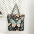 Boheemse geborduurde canvas shopper tas met vlinder bloemenpatroon en stijlvolle handvatten. - 3D-reliëf Grijze Vlinder
