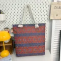 Grote capaciteit canvas tote bag met etnische geometrische print en dik touw. - Stijl 1