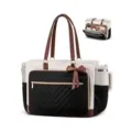 Detailed view of the multi-compartment tote bag with bow, black and white design. - Brown
