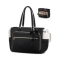 Detailed view of black work tote bag interior compartments with bow and gold zippers. - Black