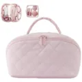 Detail view of the pink quilted cosmetic bag showing interior storage compartments and structure. - Pink