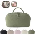 Large capacity quilted cosmetic bag with handle, multiple storage compartments for travel. - Olive