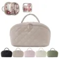 Large capacity quilted cosmetic bag with multi-compartments and handle, color variants. - Khaki