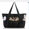 Detail view of the black mesh beach bag featuring multiple front pockets and sturdy tote handles. - Black