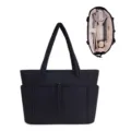 Black quilted tote bag for women, lightweight casual shoulder bag with multiple exterior pockets. - 15.7 x 6.3 x 12.2inches / Black
