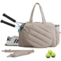 Tennis tote bag detail showing large capacity, racket compartment, and strap accessories. - Khaki
