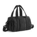 Close-up detail of black quilted nylon puffer shoulder bag with convenient handles. - 25.5*16*16cm / Black