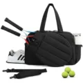 Black tennis bag with racket holder, shoe compartment, and multi-functional sports tote design. - Black