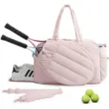Stylish pink tennis tote bag featuring racket compartment, shoe pouch and tennis balls. - Pink
