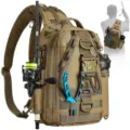 Outdoor tactical fishing sling backpack with rod holder and multi-functional compartments. - Khaki