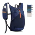 Detail of outdoor lightweight foldable hiking backpack with phone pouch and breathable shoulder straps. - Blue