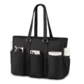 Black multi-pocket tote bag for women, large capacity laptop bag and commuter shoulder bag. - Black