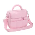 Pink quilted insulated lunch bag detail, soft cooler bag with top handle and strap. - Pink
